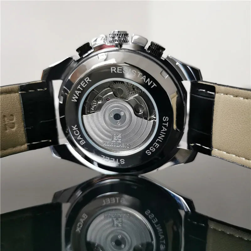 Men's stainless steel automatic mechanical watch showing 12mm thickness and available colour combinations