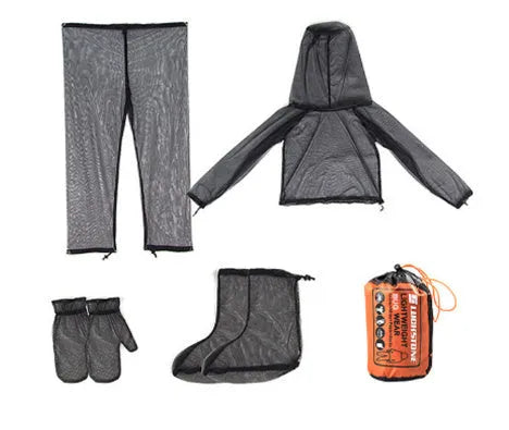 Four-piece mesh anti-mosquito suit including hooded top, pants, and booties for outdoor protection
