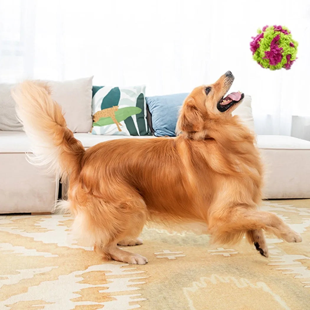 Purple plush seaweed ball dog chew toy for teething puppies 15cm diameter