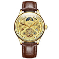 Men's automatic mechanical watch with leather band in gold or white, showing 16mm thickness and business style dial.