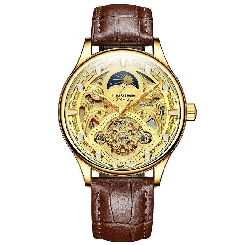Men's automatic mechanical watch with leather band in gold or white, showing 16mm thickness and business style dial.