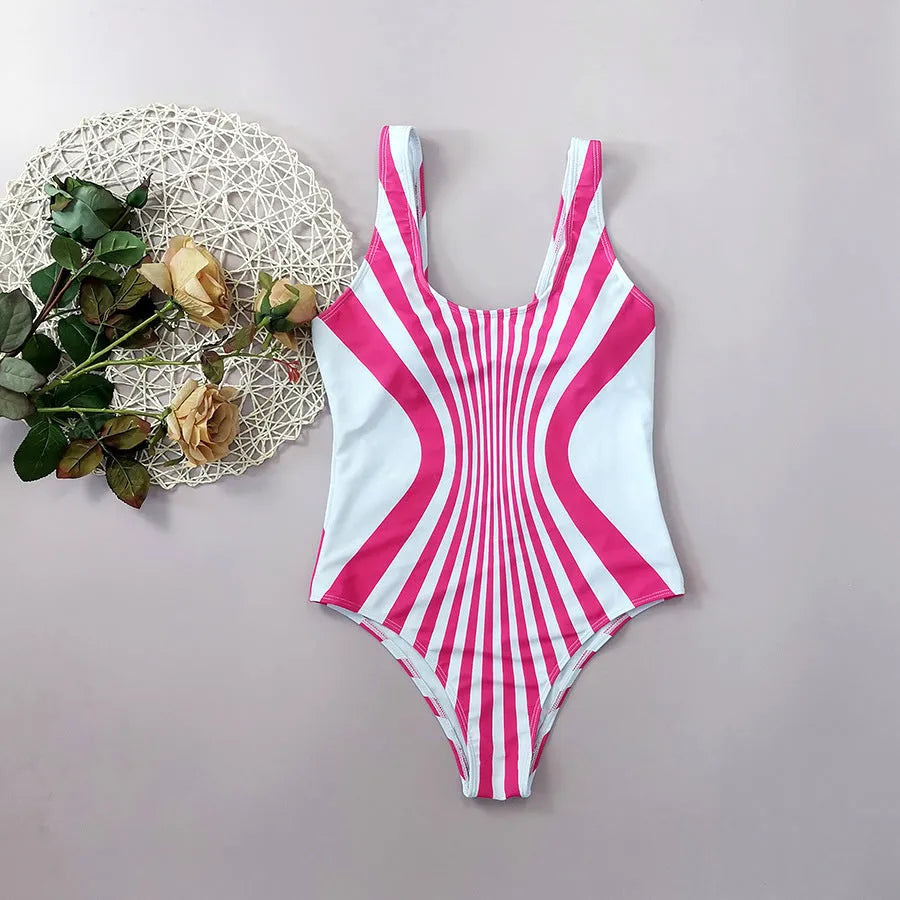 Pink striped women's one-piece swimsuit with digital printing on front and back.