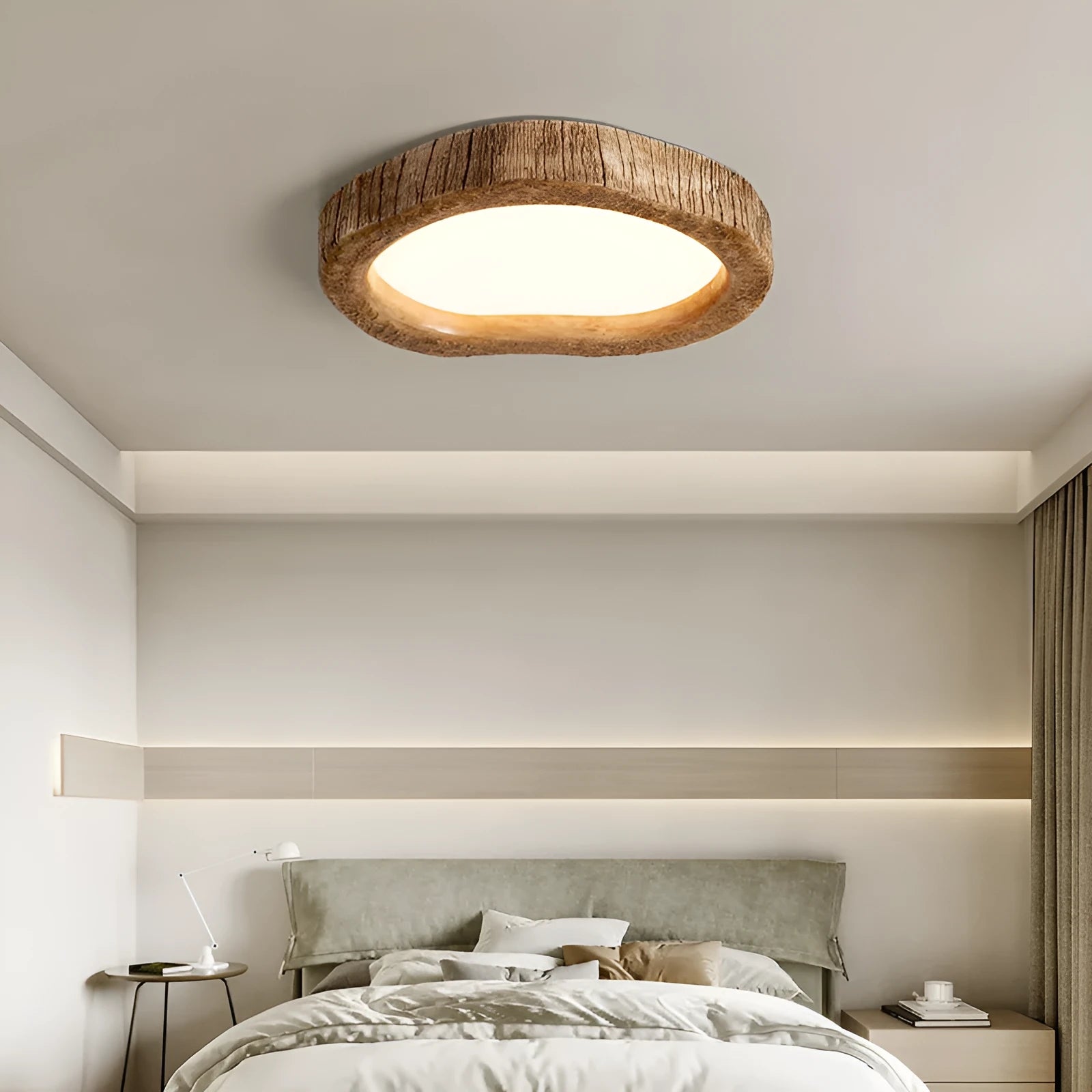 Round wood grain finish ceiling lamp in new Chinese style, showing three size options