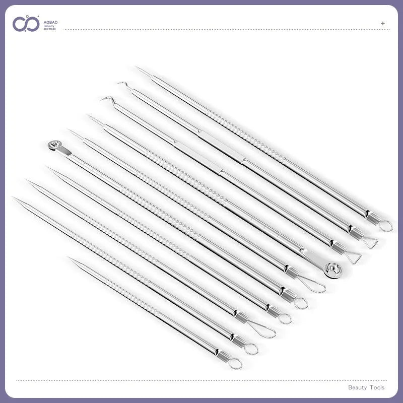 Four silver metal acne needles with fine pointed tips for blackhead removal.