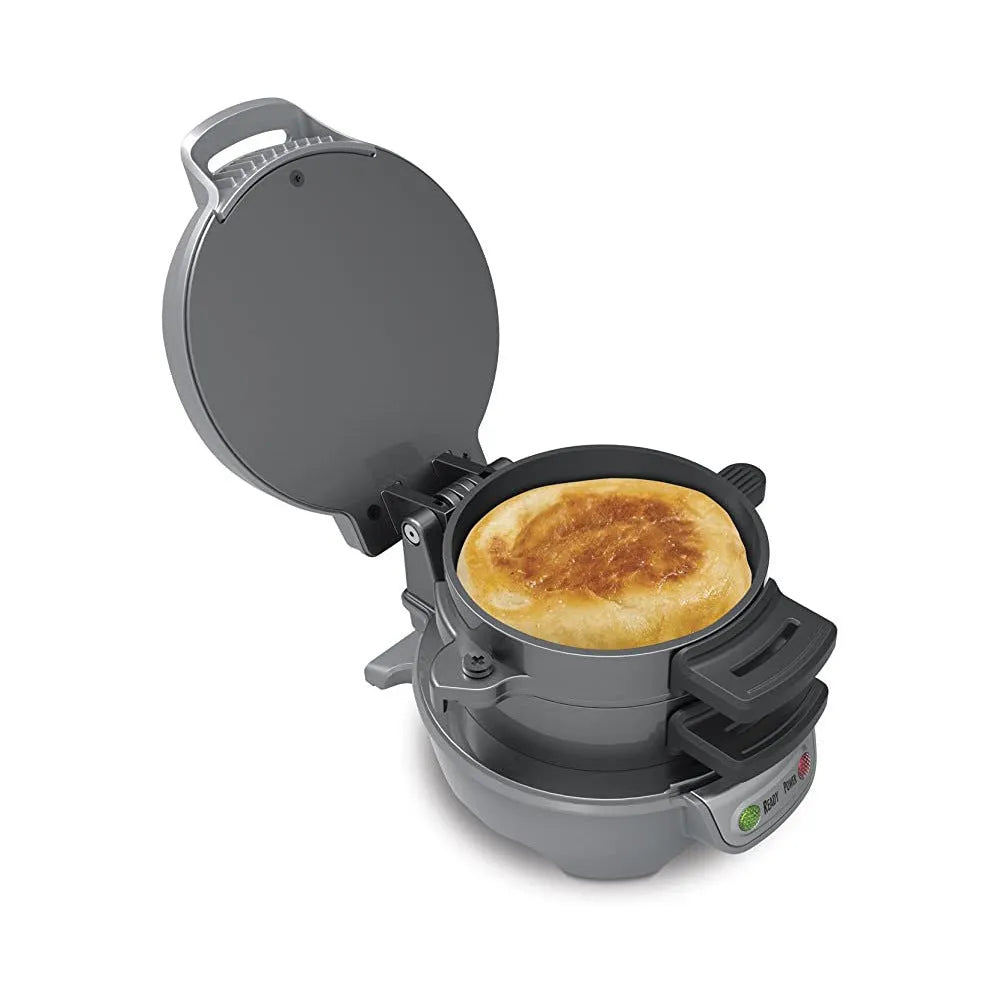 Household breakfast sandwich maker with egg cooking ring in red, orange, or silver grey colours