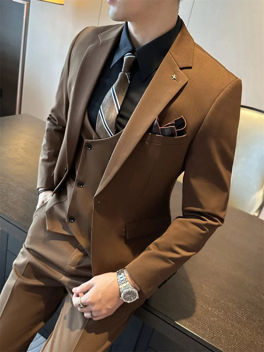 Man wearing a dark green slim fit business suit trousers, viscose blend fabric.