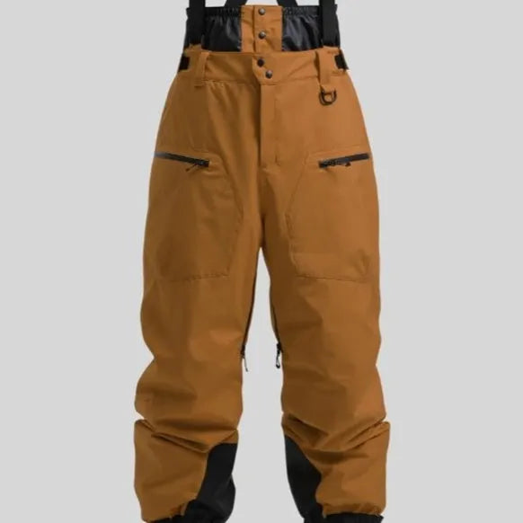 Man wearing black thickened waterproof ski pants with visible adjustable waist straps.