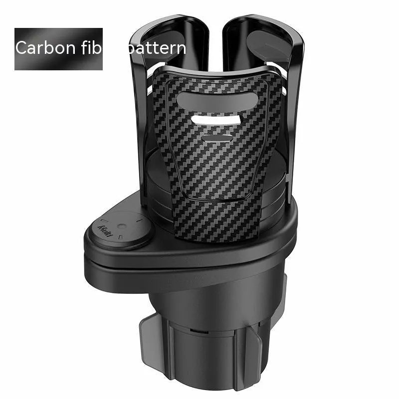 Second generation upgrade car cup holder modification tray in carbon fibre and matte ABS plastic finish.