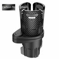 Second generation upgrade car cup holder modification tray in carbon fibre and matte ABS plastic finish.