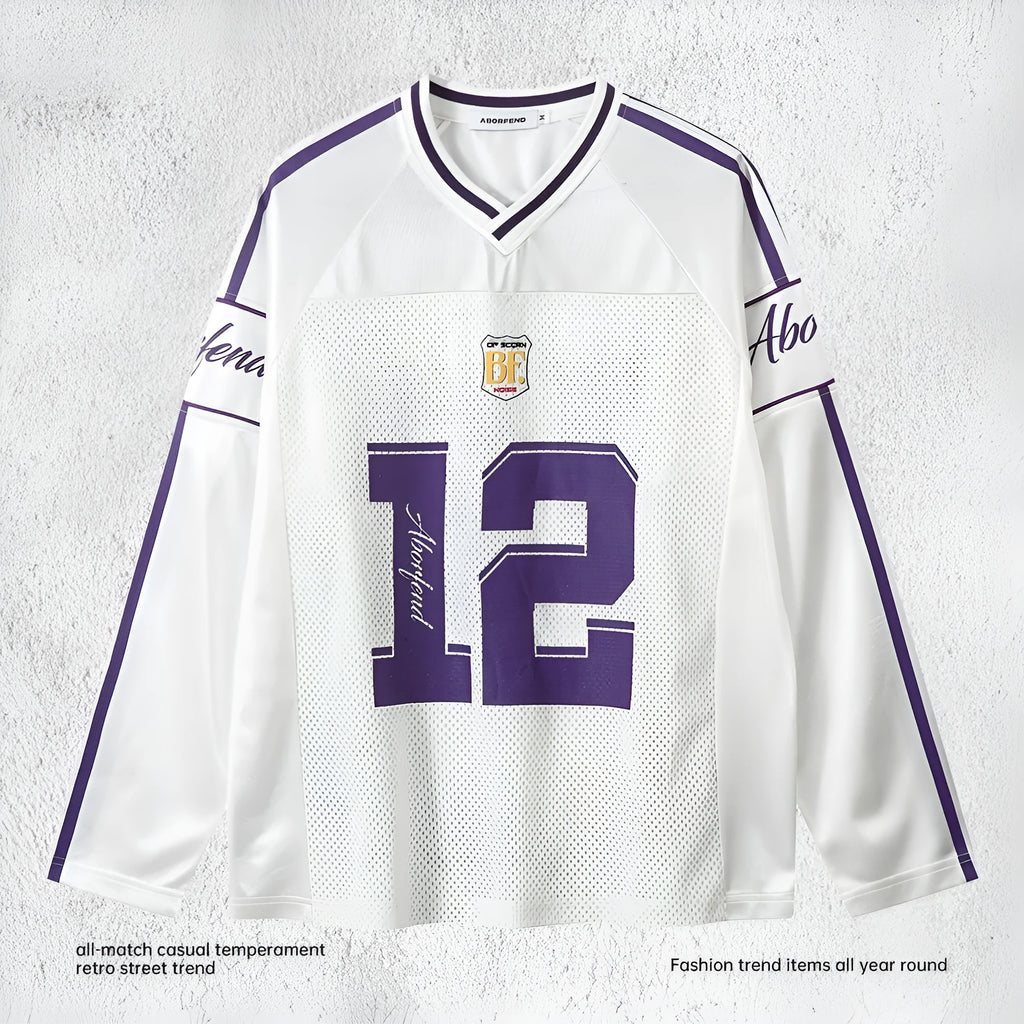 Digital printed long-sleeved polyester t-shirt with contrast colour V-neck in loose fit pullover style