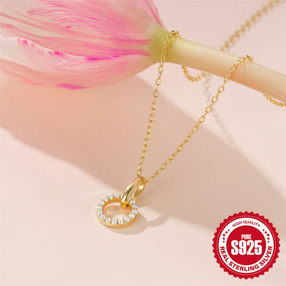 S925 sterling silver interlocking geometric pendant clavicle chain necklace with micro zircon details on gold-tone finish