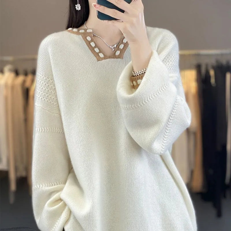 Women's camel colour V-neck viscose fibre sweater with long sleeves on hanger