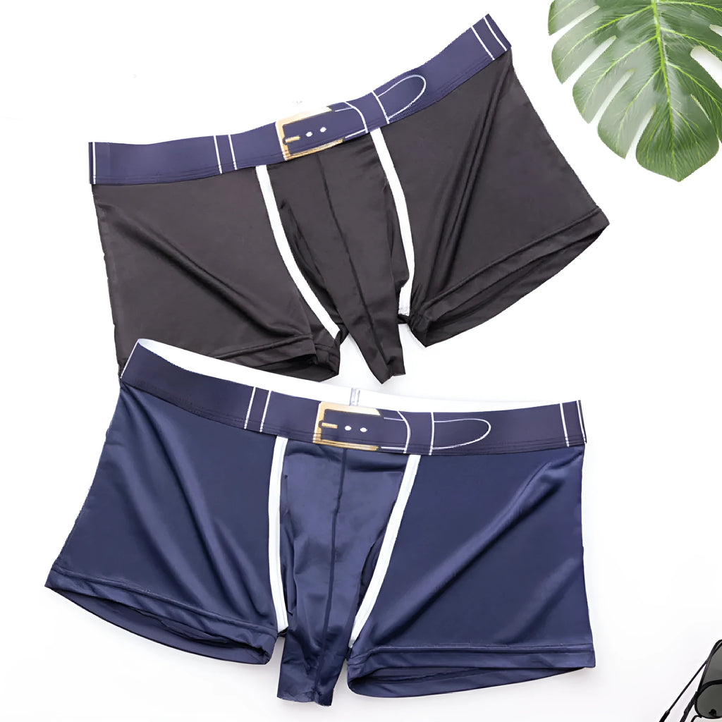 Men's solid colour ice silk boxer briefs on a grey background, showing the mid-waist design.