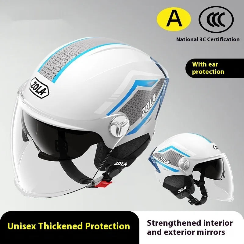 3C certified ABS half motorcycle helmet with double mirror visor in various colours for men women and children