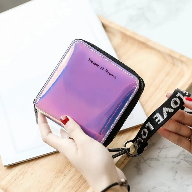 Women's short folding wallet with Korean style design showing crystal blue colour option