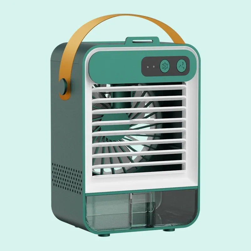 Dark green USB desktop air humidifier measuring 19cm wide with 5 plastic fan blades