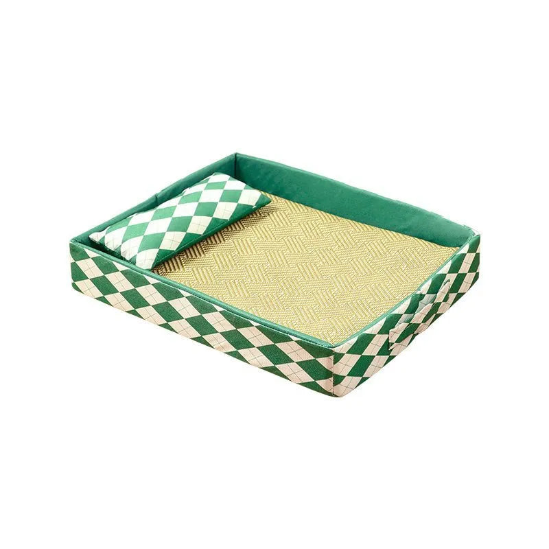 Rattan cat bed and litter mat in blue or green showing textured surface and non-removable base design