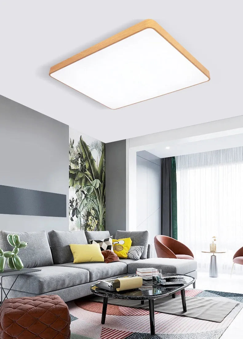 Square Nordic LED ceiling light with wood grain finish and iron frame in white light mode