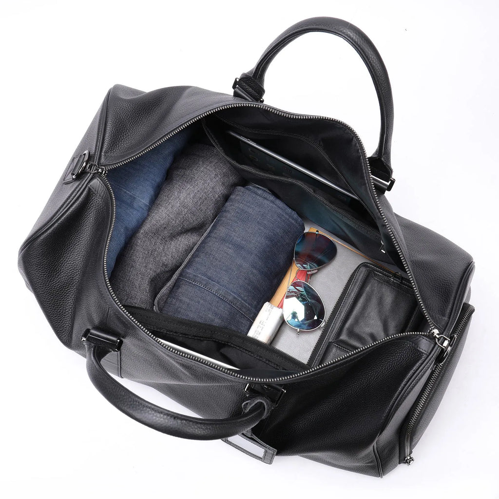 Men's black leather tote bag with single shoulder strap showing 44cm length dimension