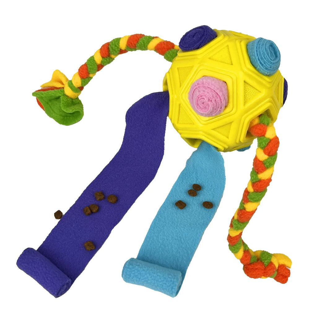 Bite-resistant rubber dog puzzle snuffle ball for treat dispensing and IQ training in multiple colours