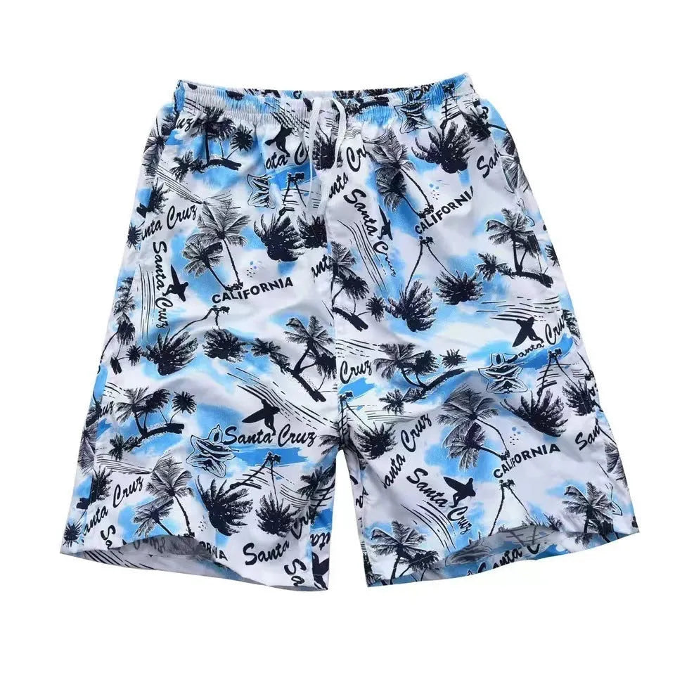 Men's floral printed five-point swimming trunks in polyester fabric, free size fit for pool and beach wear