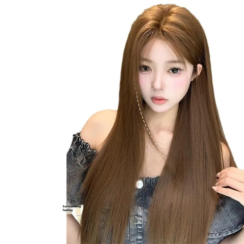 Warm brown long straight wig with centre-parted bangs and forehead lace hair net