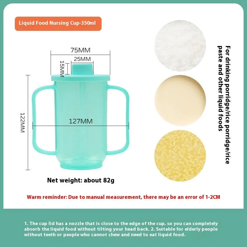 White PP plastic bedside drinking cup with slanted choke-proof spout, handle, and a blue lid
