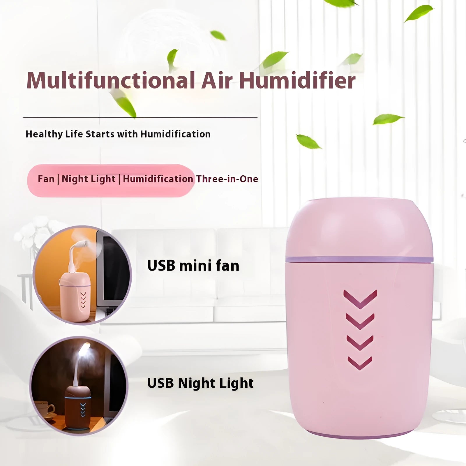 Round portable air purifier unit in white, pink, or blue colour options with USB cable for vehicle and desktop use