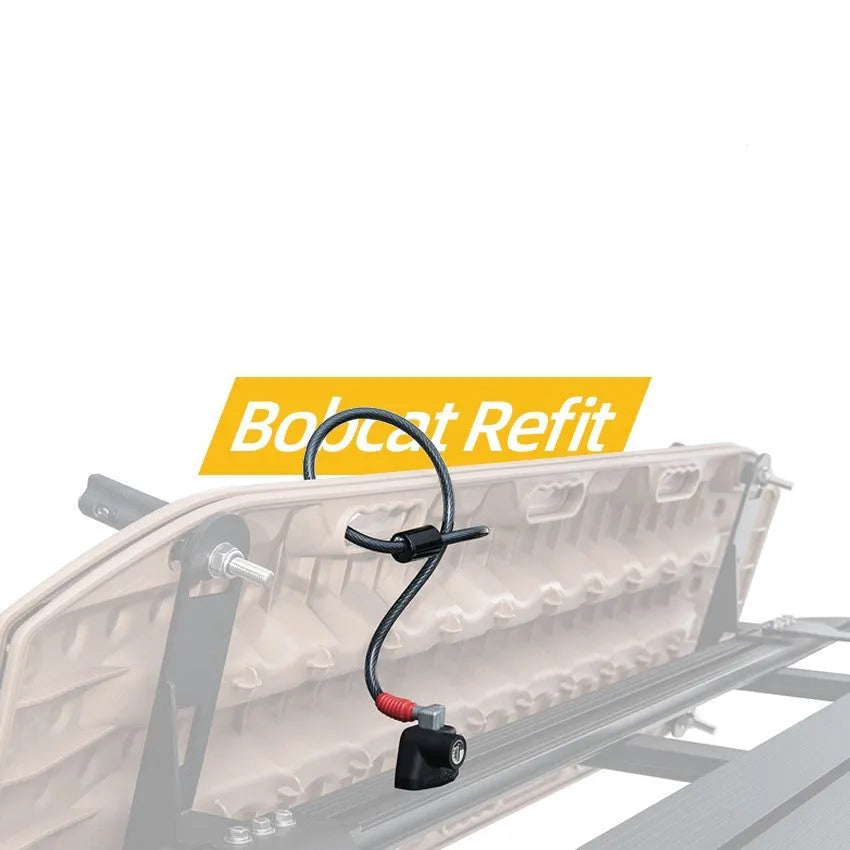 Plastic-sheathed steel cable lock for roof platform securing kayak and ladder