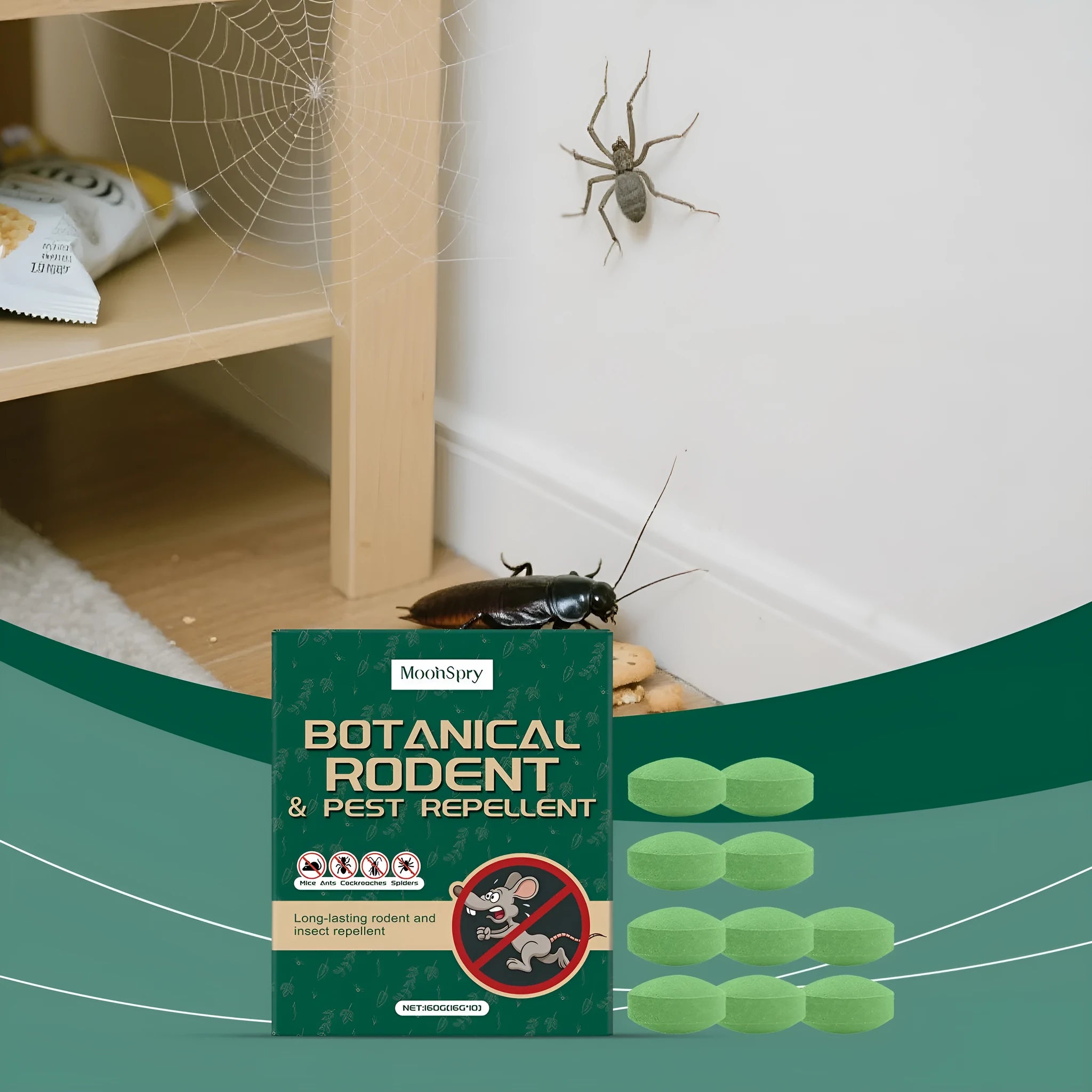 Pack of ten anti-mouse repellent pills and three grey mesh storage bags on a white background.