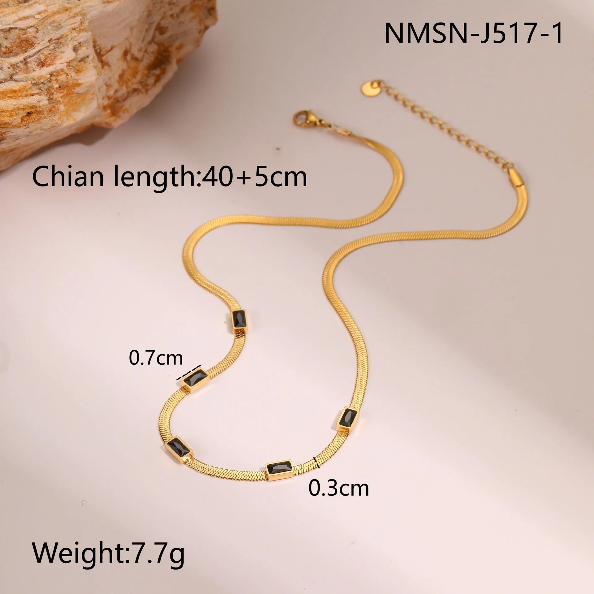 Retro geometric square zircon necklace on flat snake-style stainless steel chain in gold finish