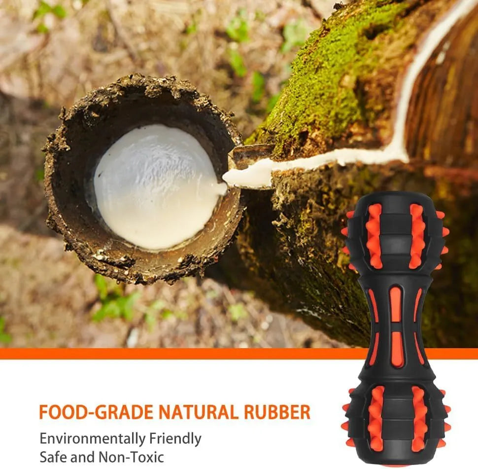 Red rubber dumbbell-shaped dog chew toy for aggressive chewers with double-layer construction