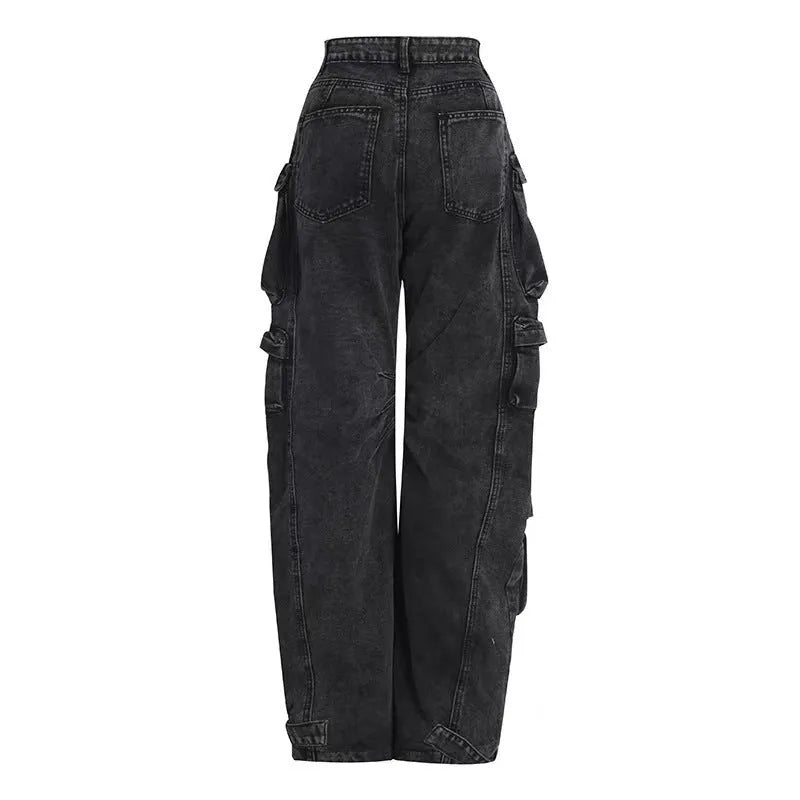 Women's high waist wide leg denim trousers with multiple pockets in street hipster style
