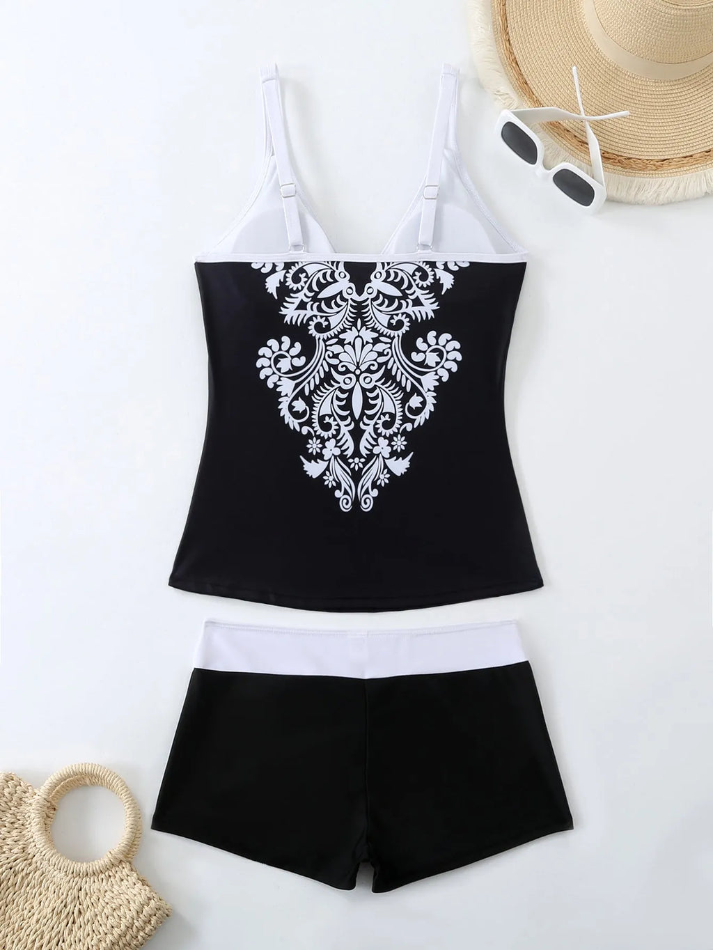 Plus size women's split swimsuit in black or rose red with printed design and cotton lining