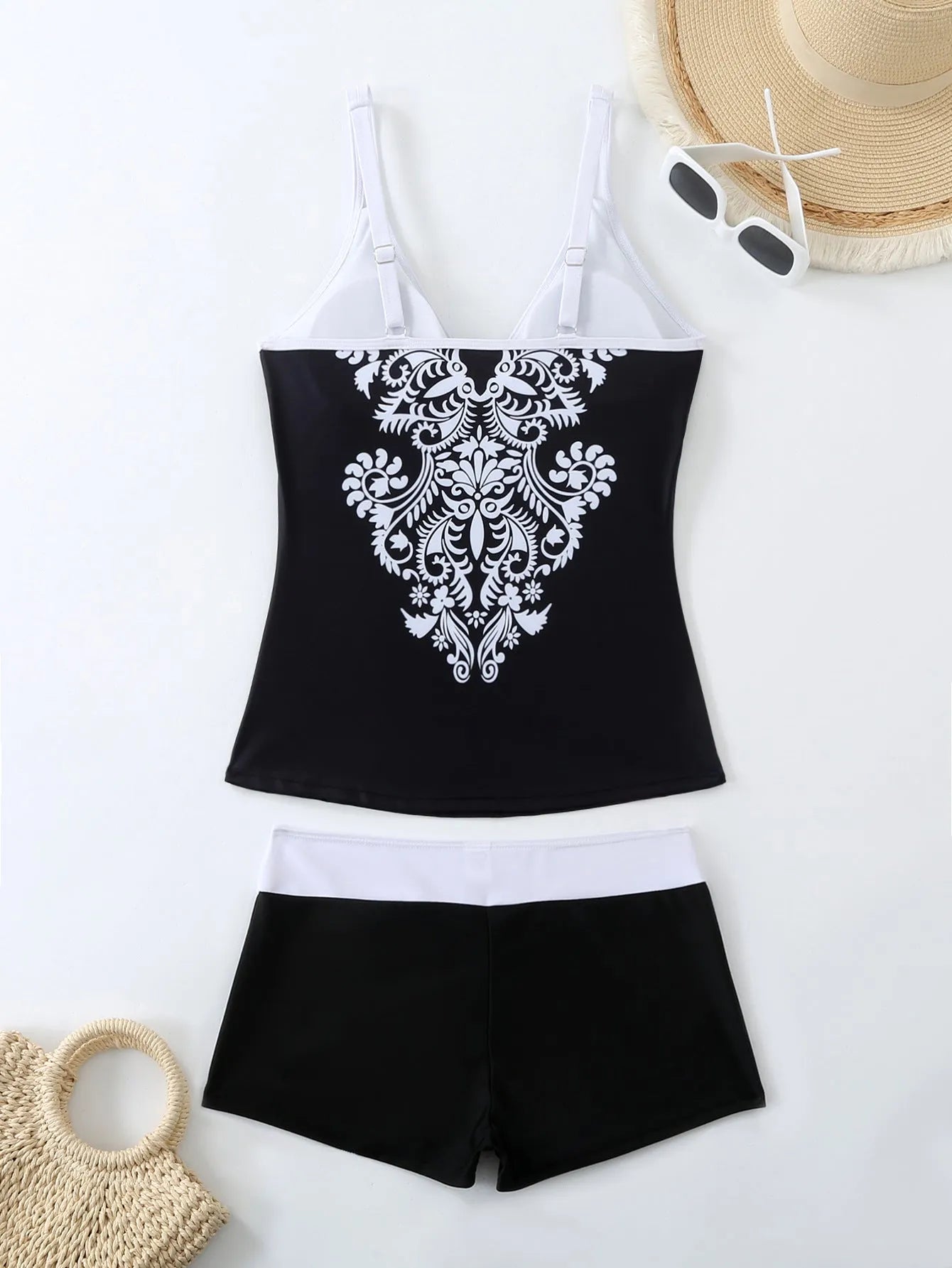 Plus size women's split swimsuit in black or rose red with printed design and cotton lining