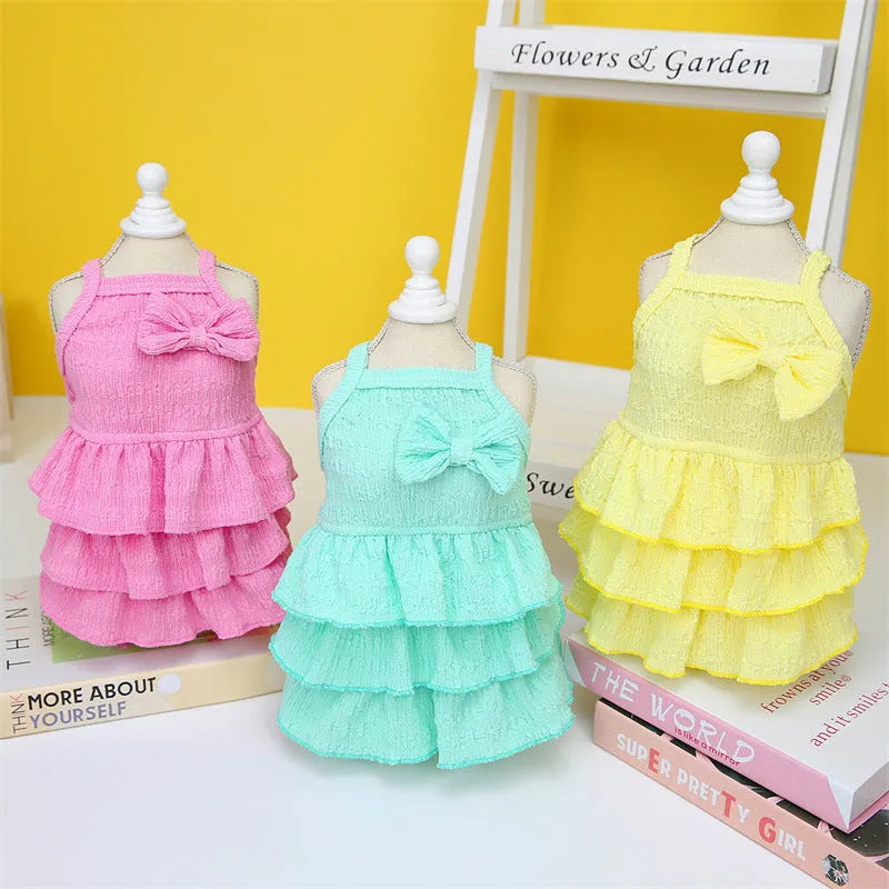 Small dog wearing princess dress with layered skirt in candy colour, suitable for teddy bichon breeds