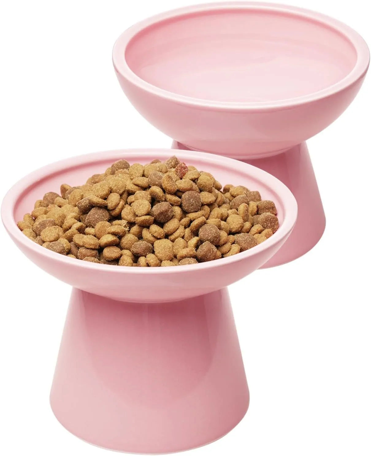 Elevated ceramic cat bowl with wide shallow dish in blue, green, pink or white colours