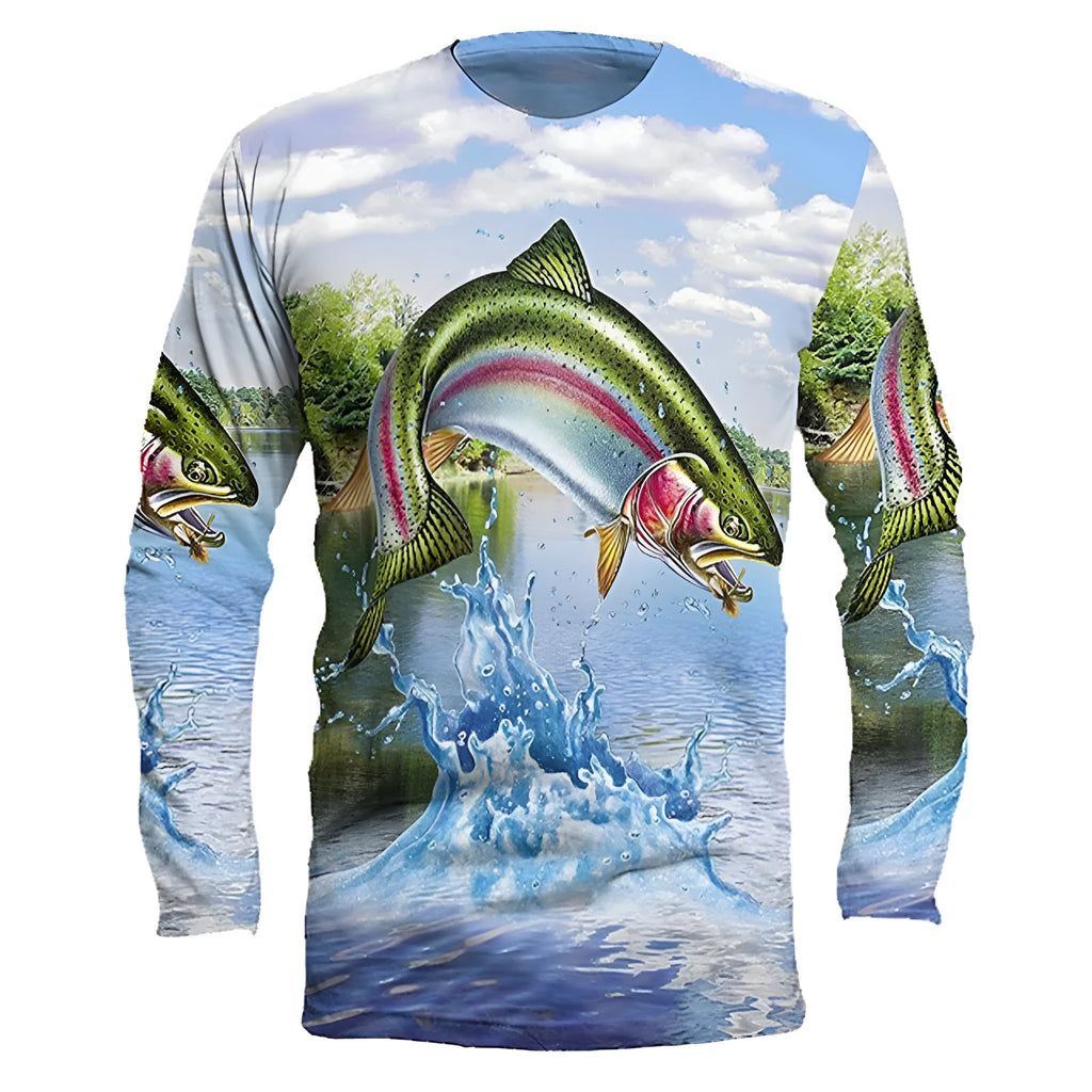 Men's long-sleeved pullover top with a printed fish motif on the front.