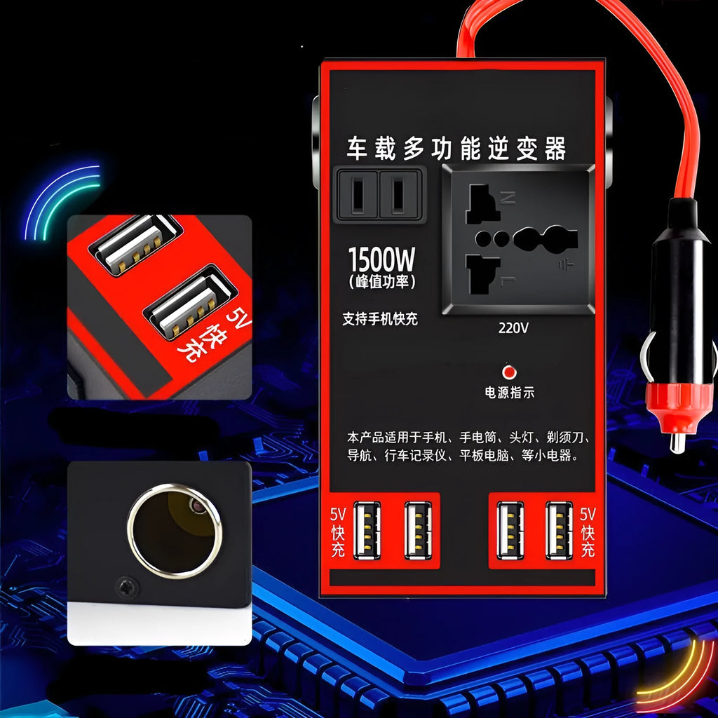 Black automotive power converter with 220V socket and 4 USB ports for 12V/24V vehicle systems