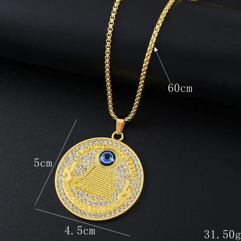 Gold-coloured geometric pendant necklace with inlaid zircon stones and alloy construction
