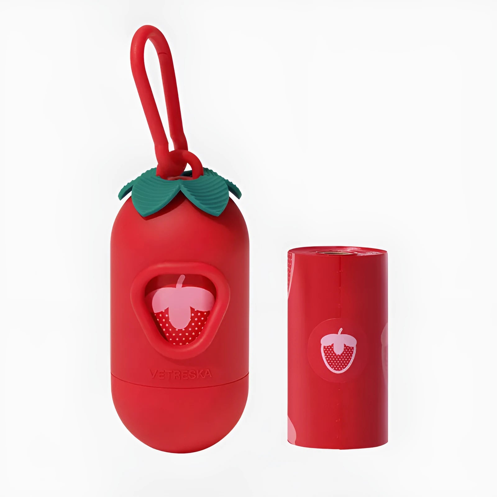 Portable dog poop bag dispenser capsule with scented inner bags in strawberry, orange and cherry blossom options