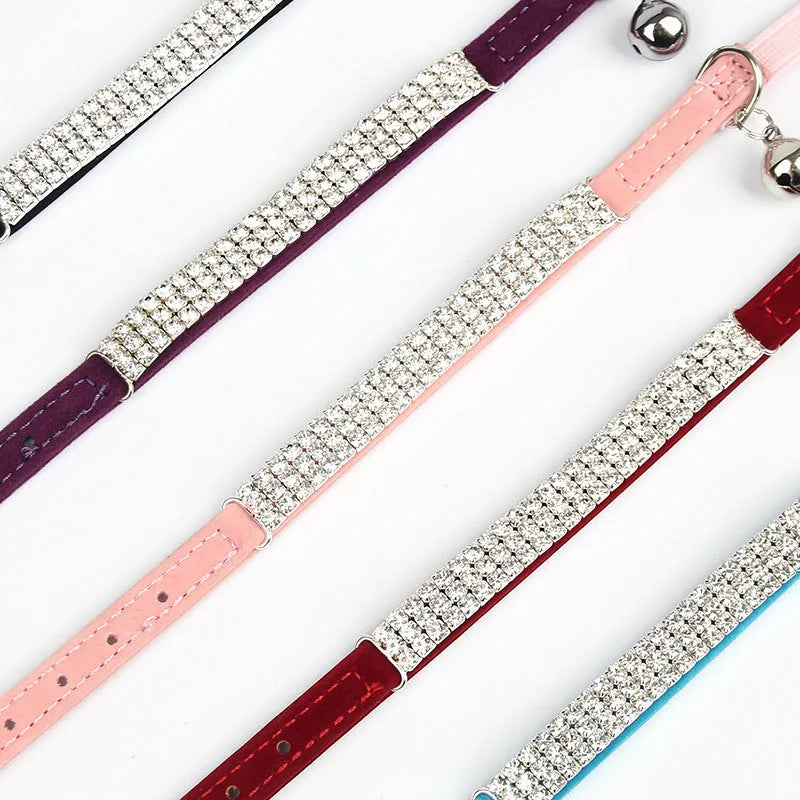 Adjustable velvet cat collar with rhinestones in red, blue, purple, black, or pink