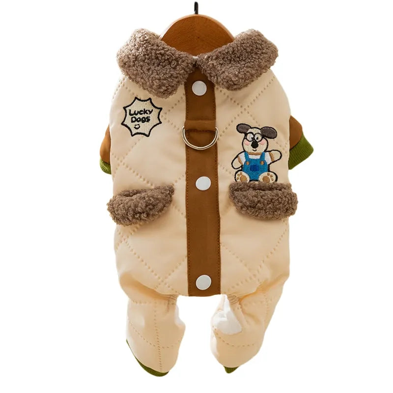 Warm thick Maillard pocket patch four-legged cotton dog coat in green with fleece-lined collar and leash ring