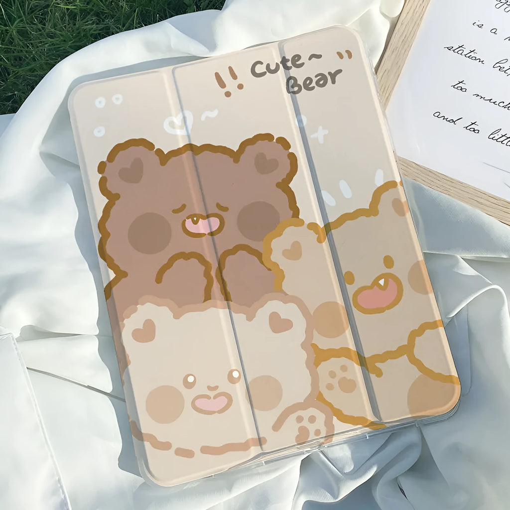 Silicone tri-fold protective case for iPad with cartoon rabbit design shown in flat and standing positions