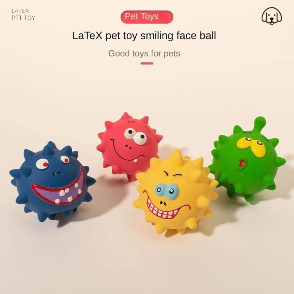 Set of colourful natural latex dog squeaky balls with bumpy surfaces and cute faces for teeth cleaning play