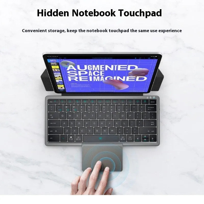 Black and grey hardcover wireless Bluetooth keyboard with integrated touch pad and stand for iPad and mobile phones.