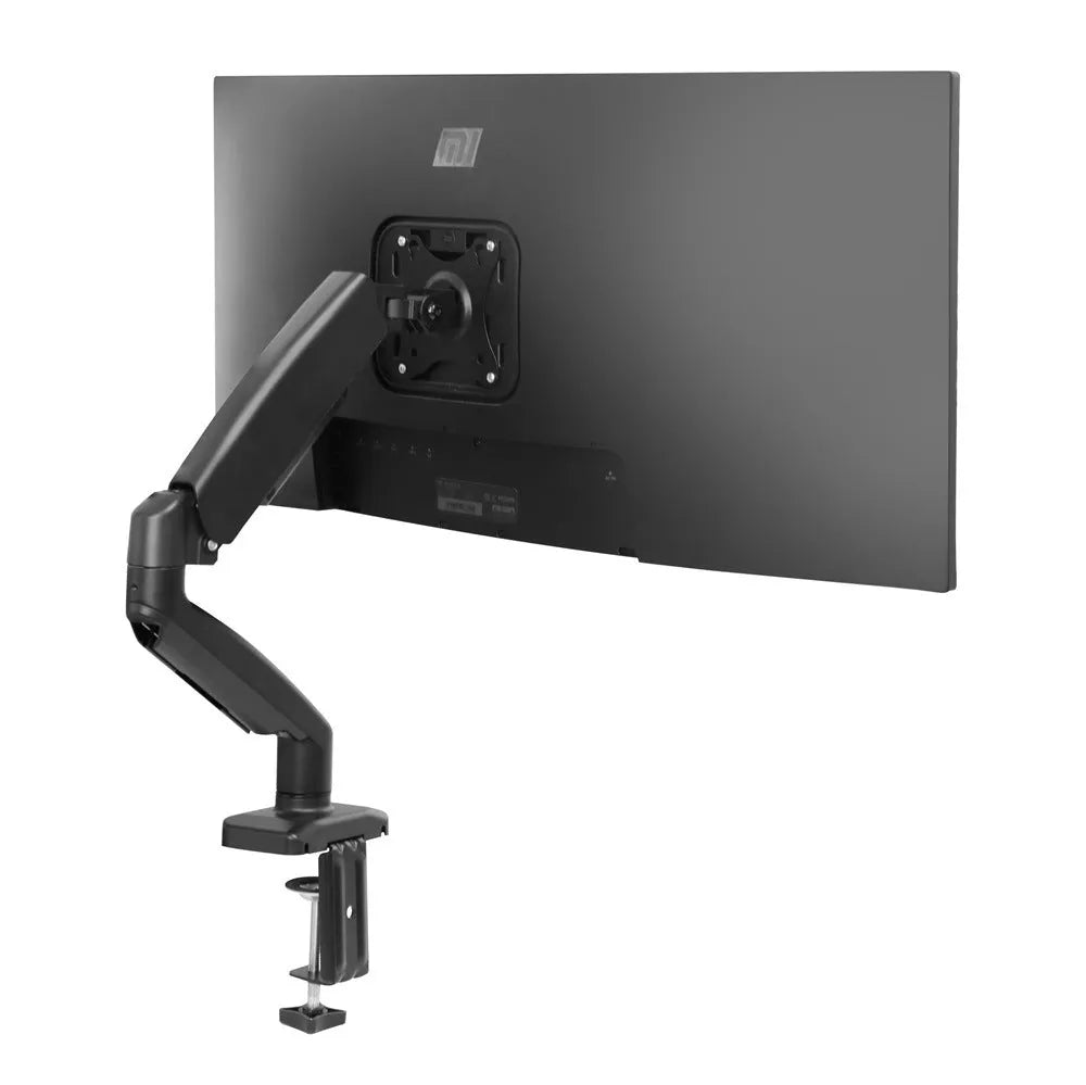 Black rotating telescopic monitor bracket on table with screen adjustment demonstration