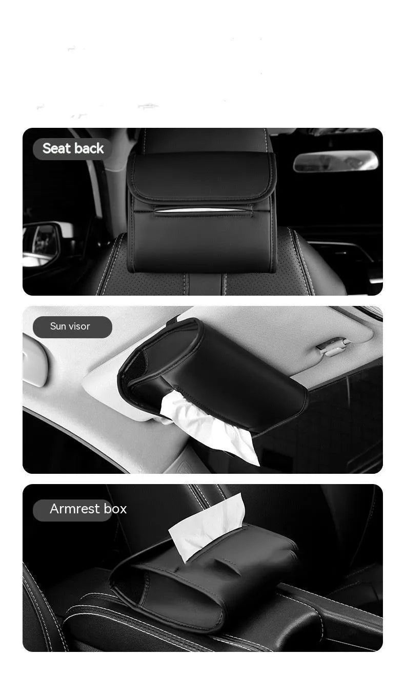 Leather car tissue holder box with elastic strap for mounting on seat back.