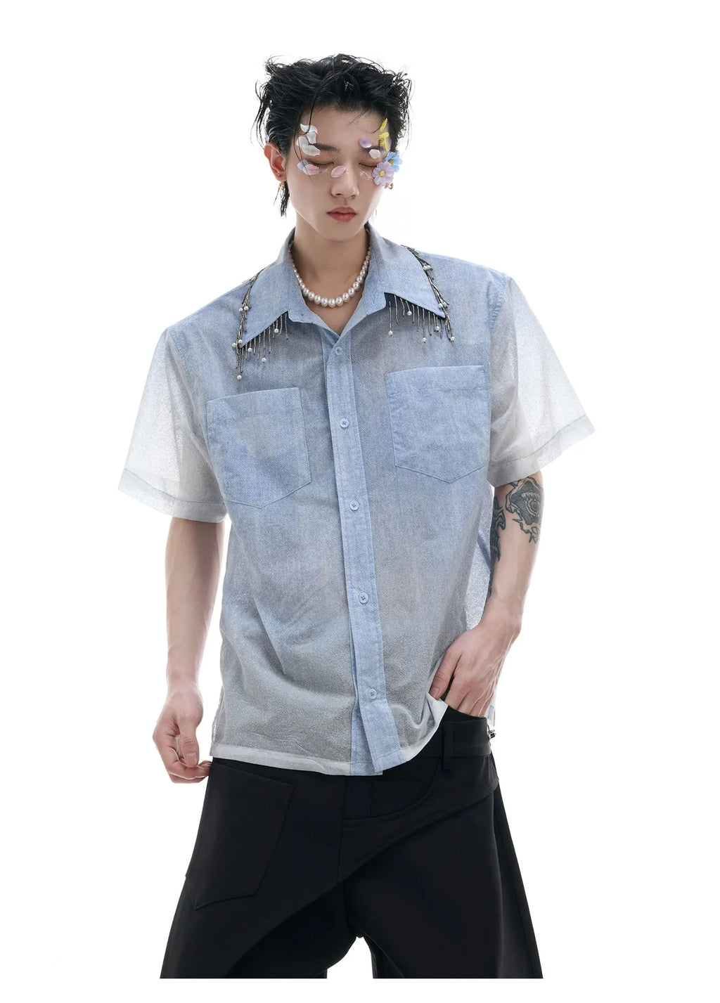 Men's loose fit blue white gradient shirt with quilted details and short sleeves