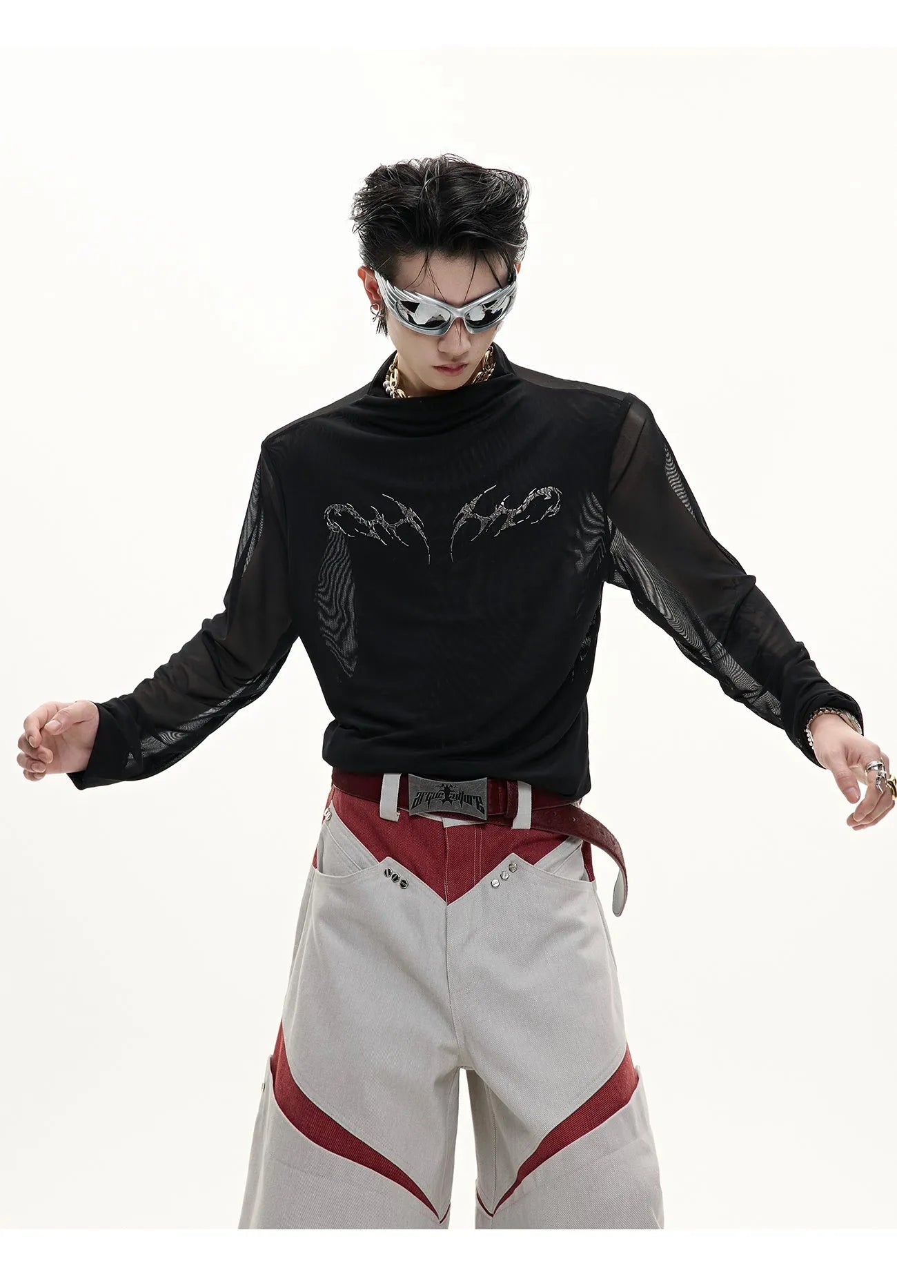 Black slim fit long sleeve niche mesh shirt for men on a white background